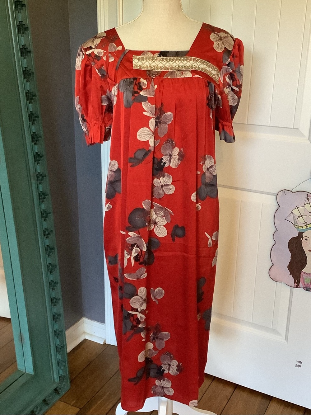 Vintage Red Floral Mumu with Square Neck and Embroidered Yoke